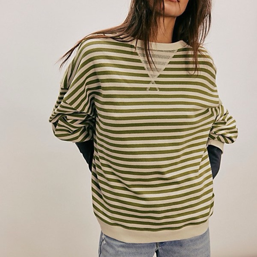 NWT Free People Classic Striped Oversized Crewneck in Woodland Combo